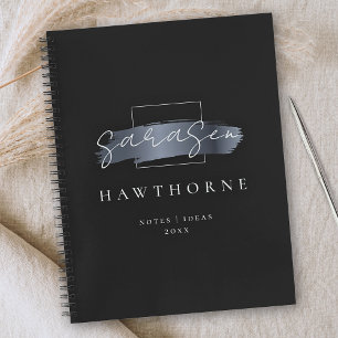 Chic Brush Stroke Black Faux Silver Grey Monogram Notebook
