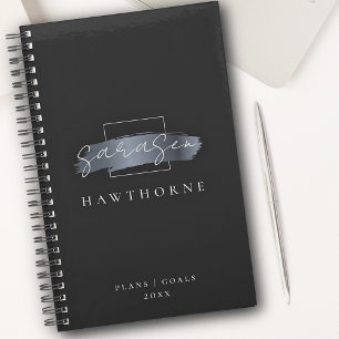 Chic Brush Stroke Black Faux Silver Grey Monogram Planner