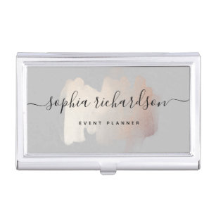 Chic Brush Stroke   Faux Rose Gold on Soft Grey Business Card Holder