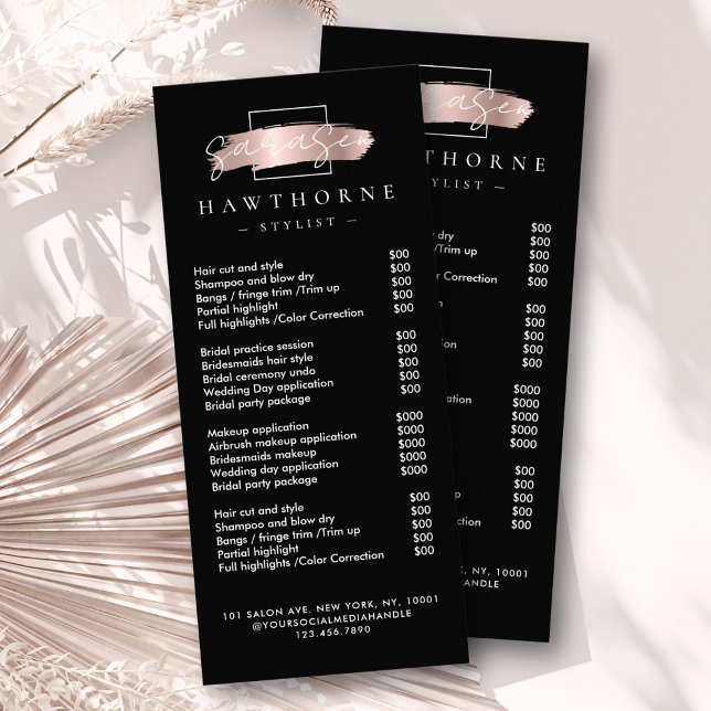 Chic Brush Stroke Salon Price List Services Black Rack Card (Creator Uploaded)