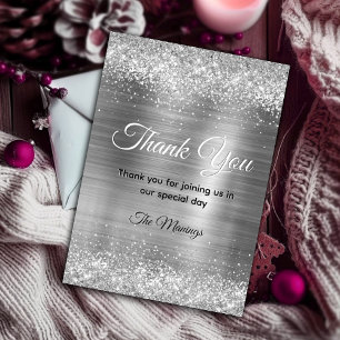 Chic brushed metal silver faux glitter thank you card