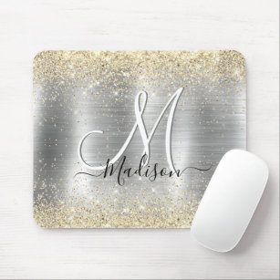 Chic brushed metal silver gold faux glitter mouse pad