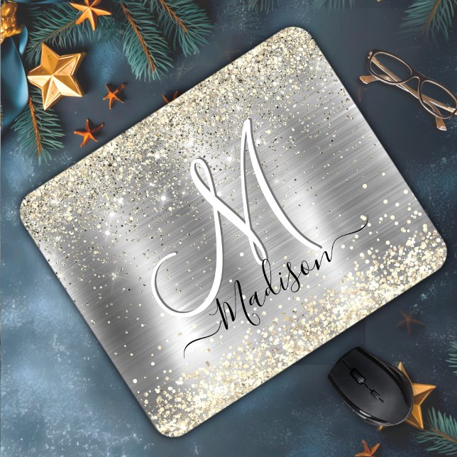 Chic brushed metal silver gold faux glitter mouse pad (Creator Uploaded)