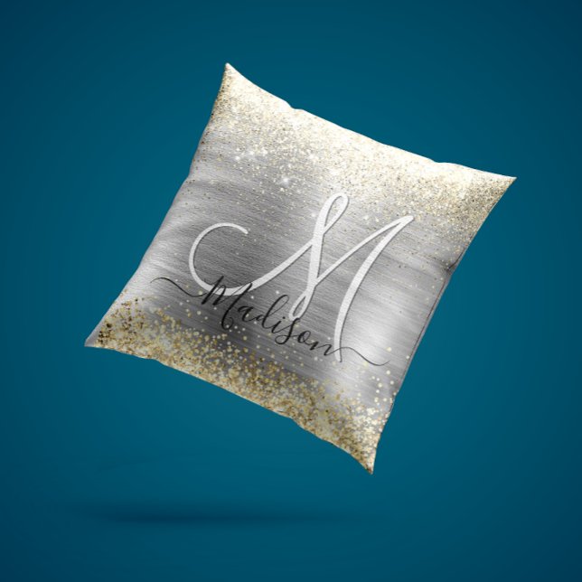 Chic brushed metal silver gold faux glitter throw pillow (Creator Uploaded)