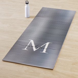 Chic Brushed Metallic Silver Grey Monogram Script Yoga Mat
