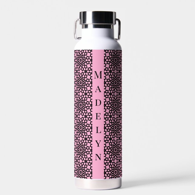 Chic Bubblegum Pink & Black Geometric Pattern Water Bottle (Front)