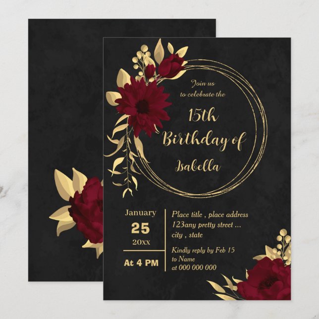 Chic burgundy and gold black birthday party invitation (Front/Back)