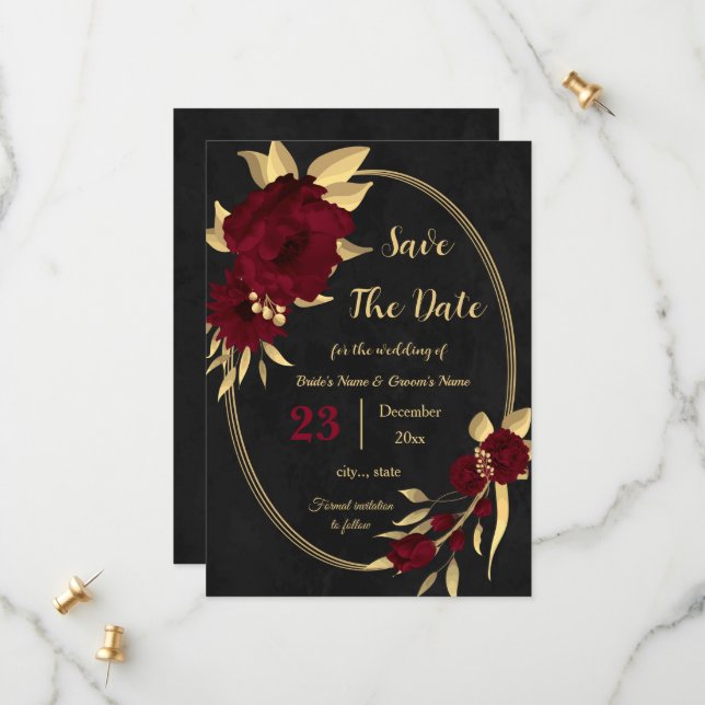 Chic burgundy and gold black geometric save the date (Front/Back In Situ)