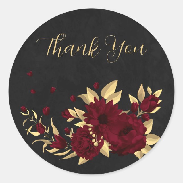 Chic burgundy and gold black thank you classic round sticker (Front)