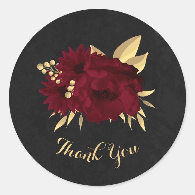 Chic burgundy and gold black thank you classic round sticker (Front)