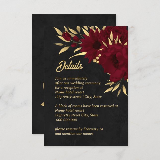 Chic burgundy and gold black wedding enclosure card (Front/Back)