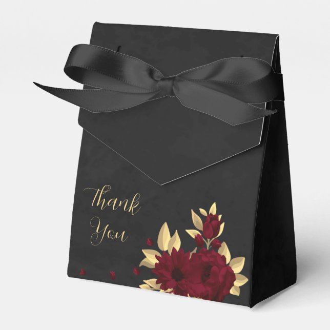 Chic burgundy and gold black wedding favor box (Front Side)