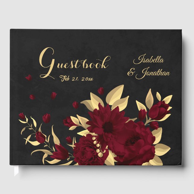 Chic burgundy and gold black wedding guest book (Front)
