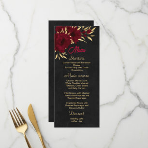 Chic burgundy and gold black wedding menu