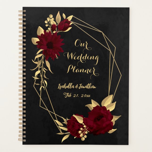 Chic burgundy and gold black wedding planner (Front)