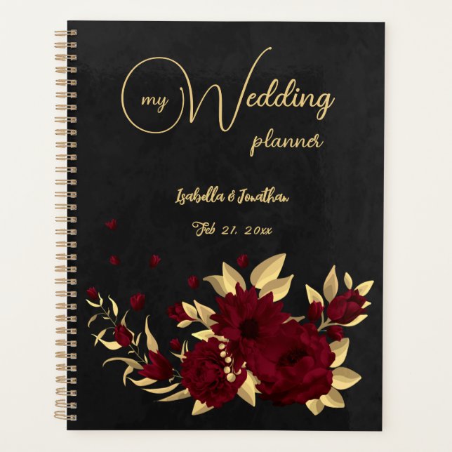 Chic burgundy and gold black wedding planner (Front)