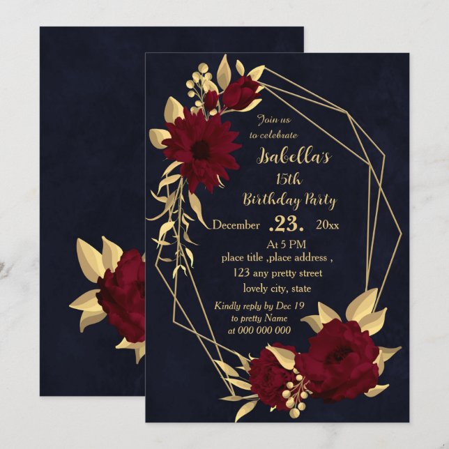 Chic burgundy and gold navy birthday party invitation (Front/Back)