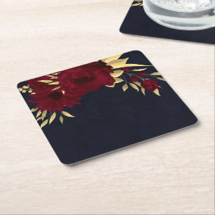 Chic burgundy and gold navy blue square paper coaster