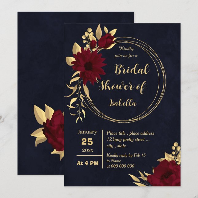 Chic burgundy and gold navy bridal shower invitation (Front/Back)