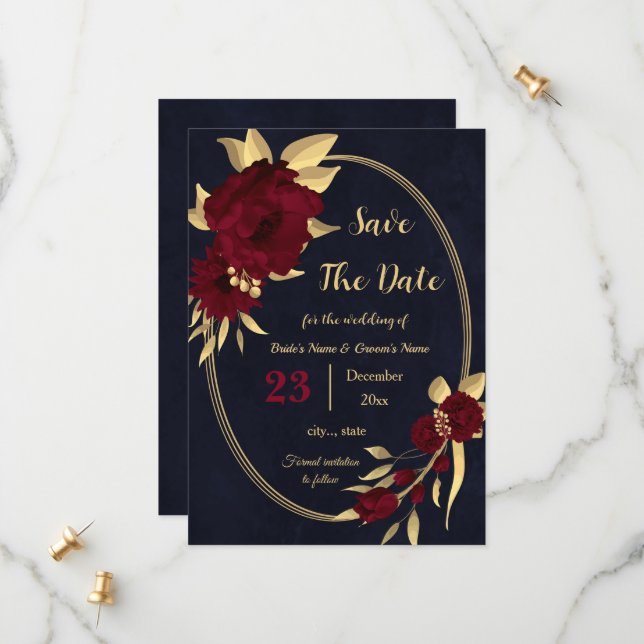 Chic burgundy and gold navy geometric save the date (Front/Back In Situ)