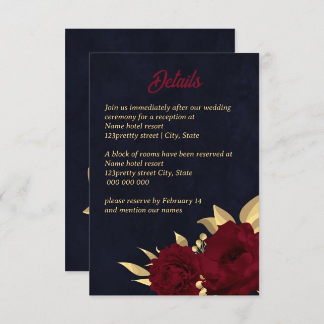 Chic burgundy and gold navy wedding enclosure card (Front/Back)