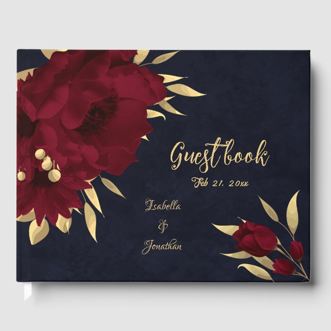 Chic burgundy and gold navy wedding guest book (Front)
