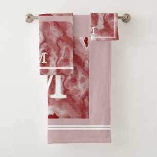 Chic Burgundy And Pinkish Grey Marble Monogrammed Bath Towel Set