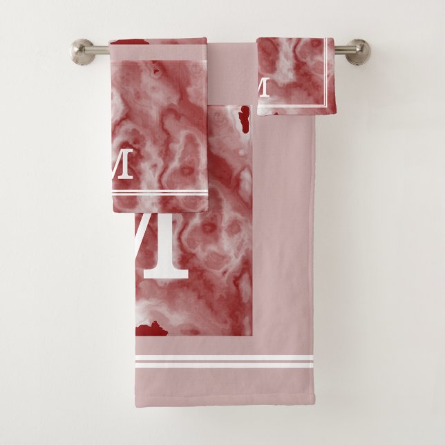 Chic Burgundy And Pinkish Grey Marble Monogrammed Bath Towel Set (Insitu)