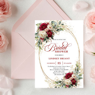 Chic Burgundy and White Roses Gold Bridal Shower  Invitation