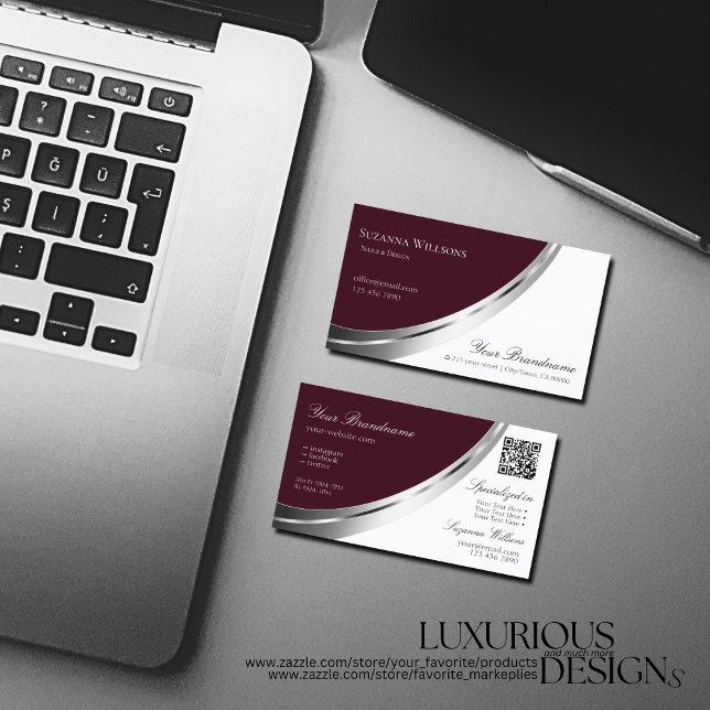 Chic Burgundy and White Silver Decor with QR-Code Business Card (Creator Uploaded)