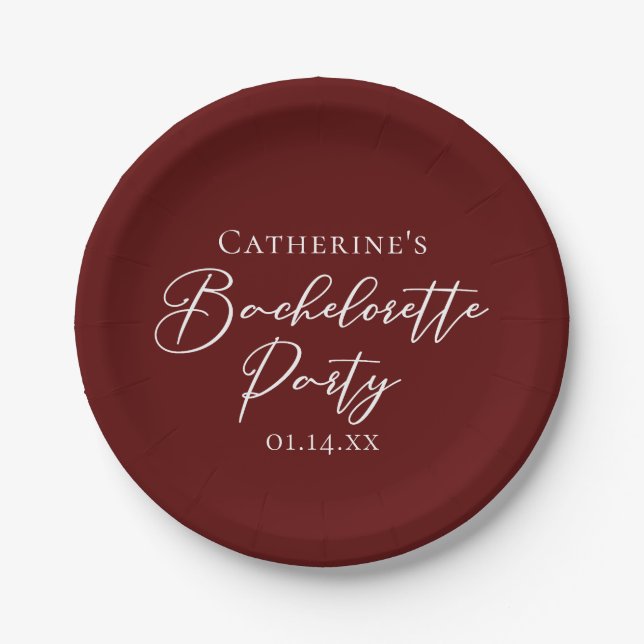 Chic Burgundy Bachelorette Party Personalized Paper Plate (Front)
