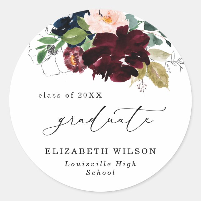 Chic Burgundy Blue Florals Graduation Sticker (Front)