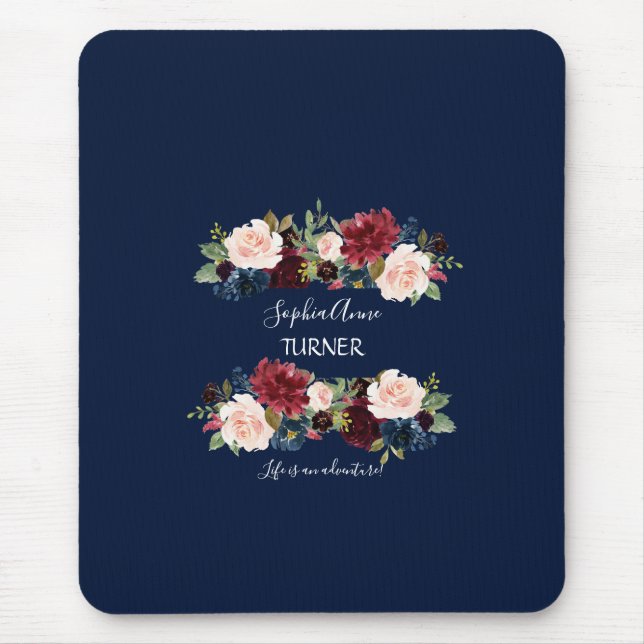 Chic Burgundy Blush Floral Navy Blue Monogram Mouse Pad (Front)