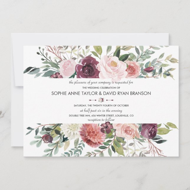 Chic Burgundy Blush Floral Wreath Wedding Invitation (Front)