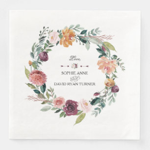 Chic Burgundy Blush Ivory Floral Wreath Wedding Napkin