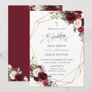 Chic Burgundy Blush Pink Floral Church Wedding   Invitation