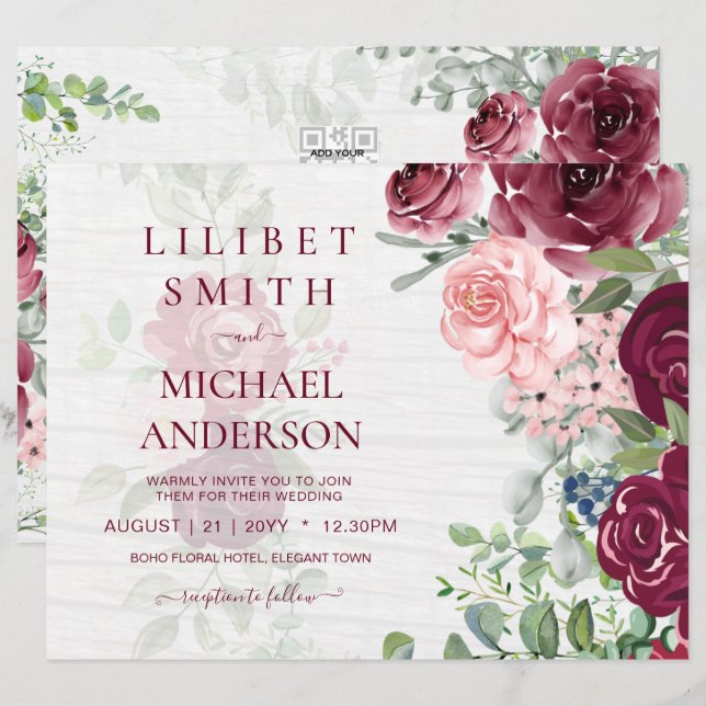 Chic Burgundy Blush Pink Floral Greenery Wedding (Front/Back)