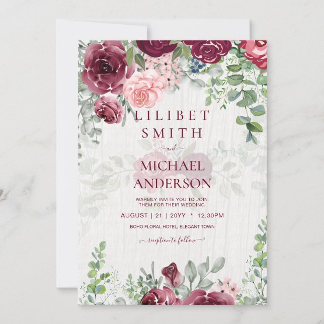 Chic Burgundy Blush Pink Floral Greenery Wedding (Front)