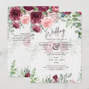 Chic Burgundy Blush Pink Floral Greenery Wedding Invitation