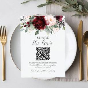 Chic Burgundy Blush Pink Floral QR Share Photos Thank You Card