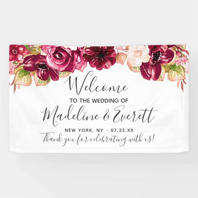 Chic Burgundy & Blush Pink Floral Wedding Welcome Banner (Horizontal)