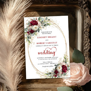 Chic Burgundy Boho Floral Gold Wedding Invitation