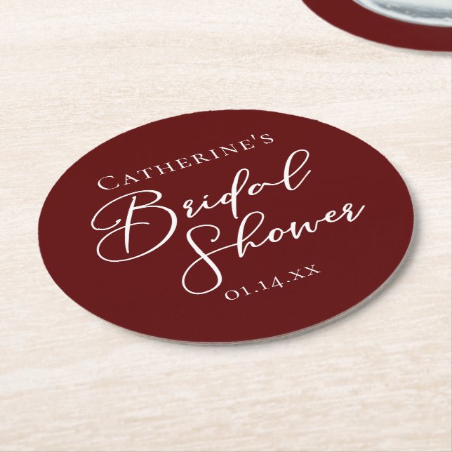 Chic Burgundy Bridal Shower Personalized Round Paper Coaster (Angled)