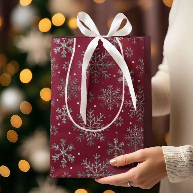 Chic Burgundy Christmas w/ Elegant Snowflakes Medium Gift Bag (Creator Uploaded)