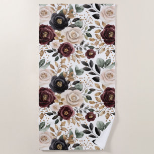Chic Burgundy Cream Floral Beach Towel