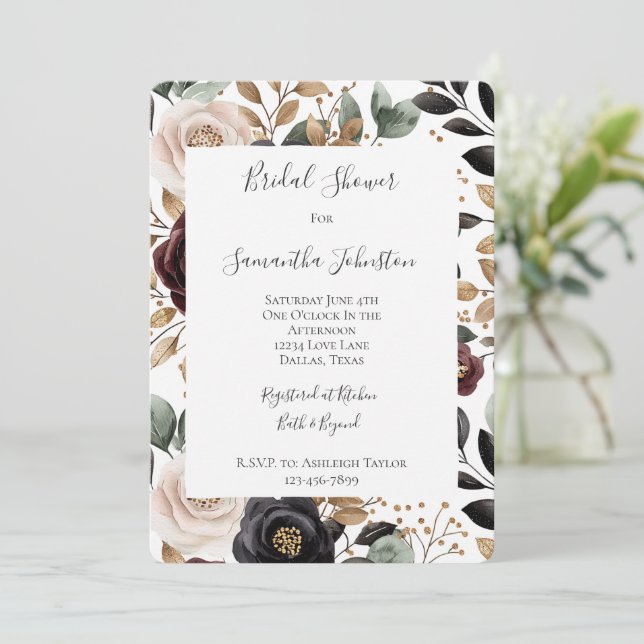 Chic Burgundy Cream Floral Bridal Shower Invitation (Standing Front)