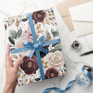 Chic Burgundy Cream Floral Bridal Shower Wrapping Paper