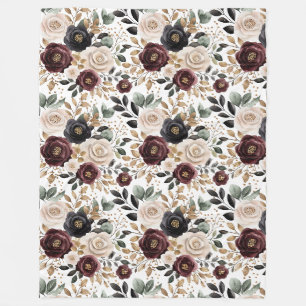 Chic Burgundy Cream Floral   Fleece Blanket