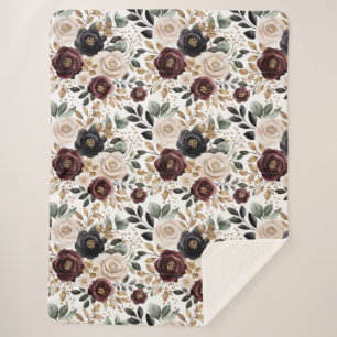 Chic Burgundy Cream Floral   Sherpa Blanket