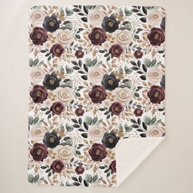 Chic Burgundy Cream Floral   Sherpa Blanket (Front)